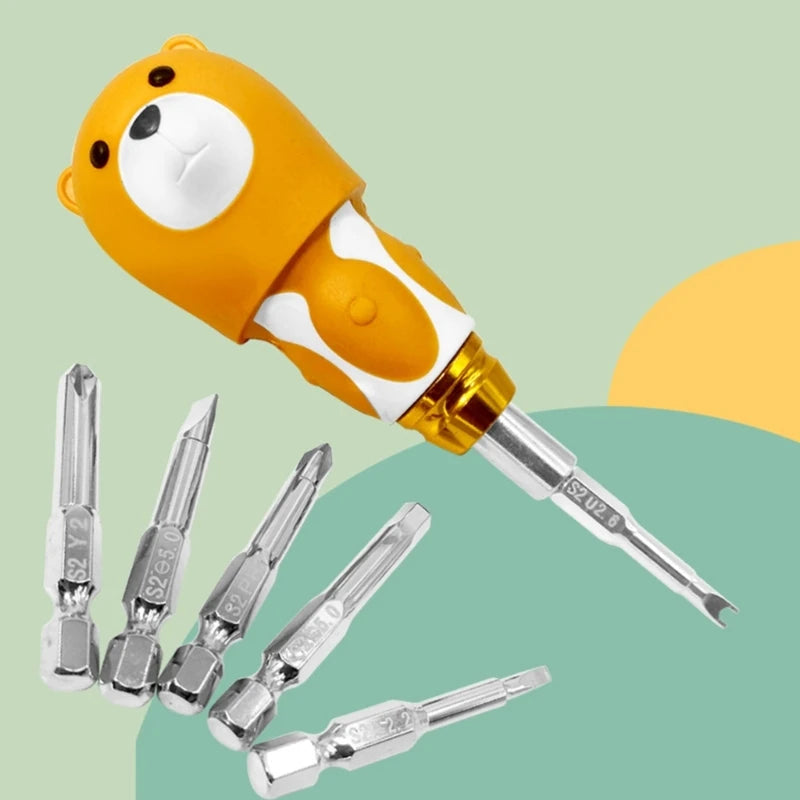 6 in 1 Adjustable Manual Screwdriver Cartoon Bear Shaped Multi-Function Tool