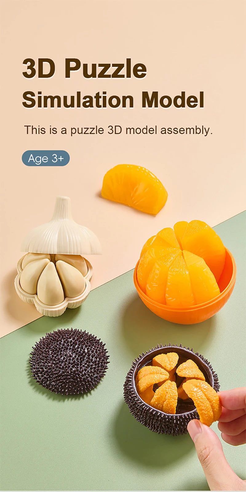 Kids Simulation Garlic Puzzles Educational Toys Sea Urchin Tangerine 3D Puzzles Matching Game Food Assembly Decompression Toys