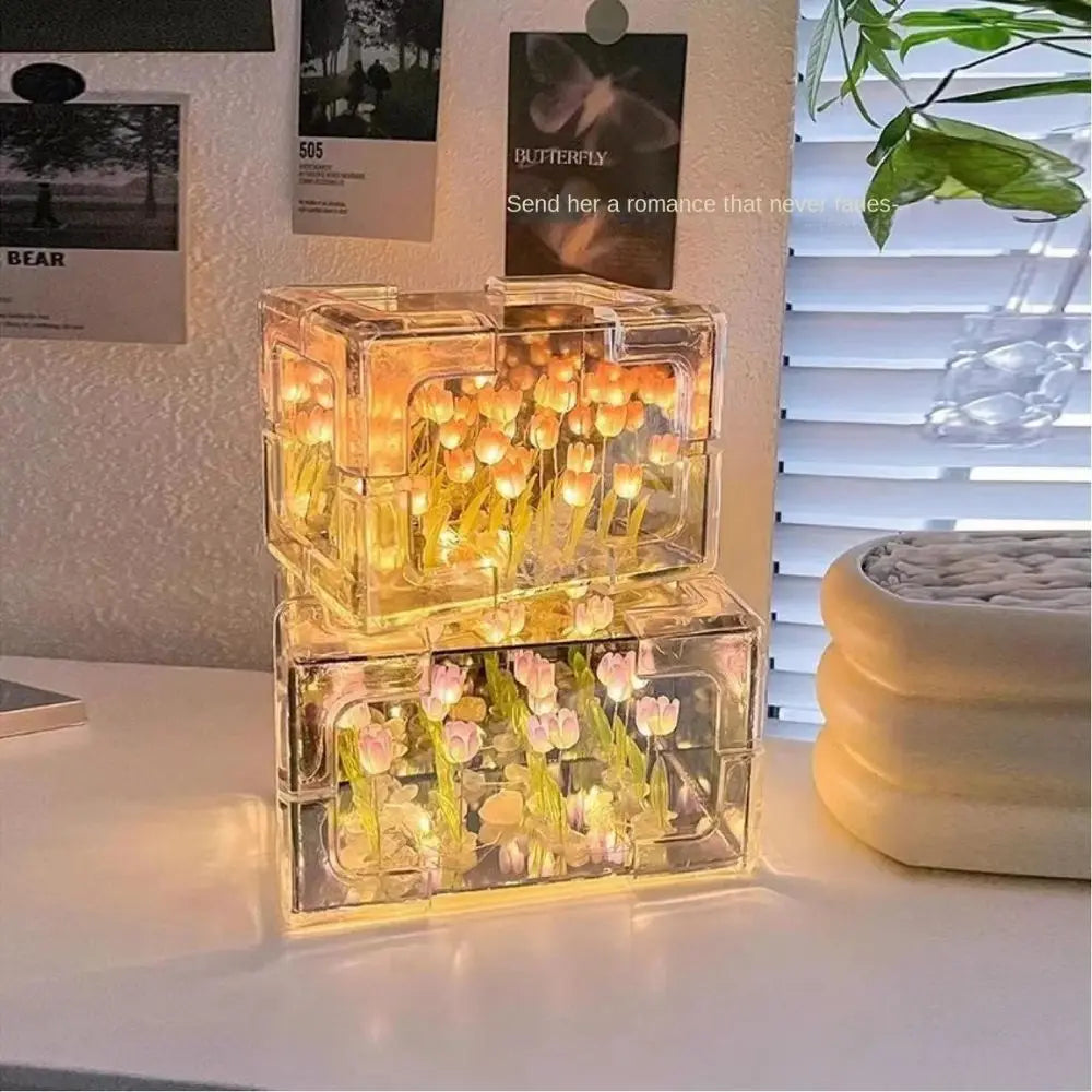 Creative Diy Tulip Flower Sea Cube Three-Dimensional Small Night Lamp Material Package for Girlfriend Couple Girlfriends