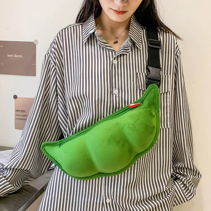 Creative Pea Shaped Fanny Pack, Funny Plush Chest Purse, Cartoon Design Crossbody Bag