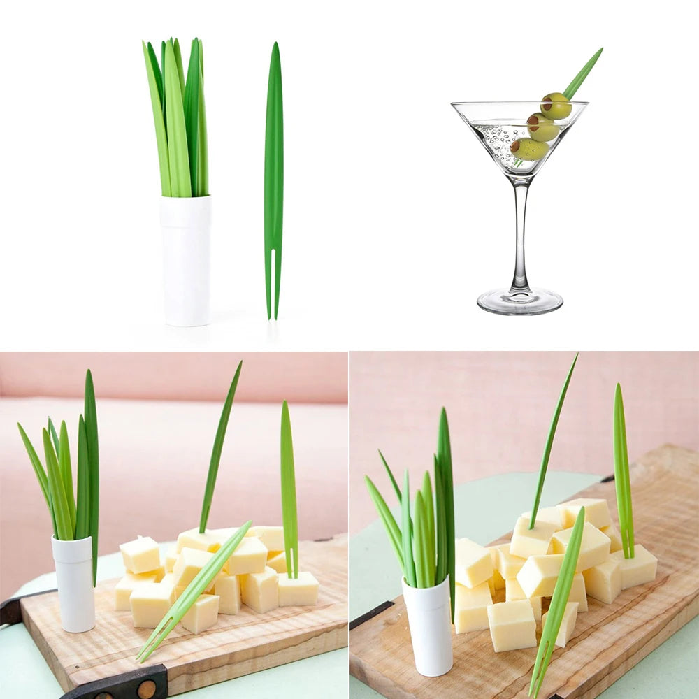 Creative 10pcs/Set Green Bamboo Leaf Fruit Fork Chopsticks Cocktail Fork  Wedding Festival Birthday Kitchen Gadget Fruit Tools