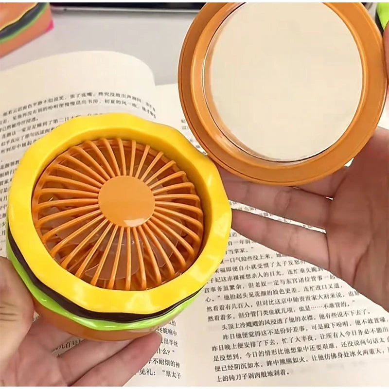 Hamburger Shape Portable Mini Fan Foldable With Makeup Mirrors Electric Hand Rechargeable Small Cooling Ventilador Fans 3 In 1